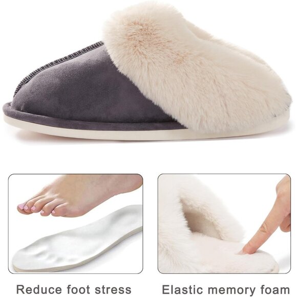 Women's Dark Gray Winter Warm Fluffy Cozy Memory Foam Slip On Slippers Shoes - Picture 6 of 6